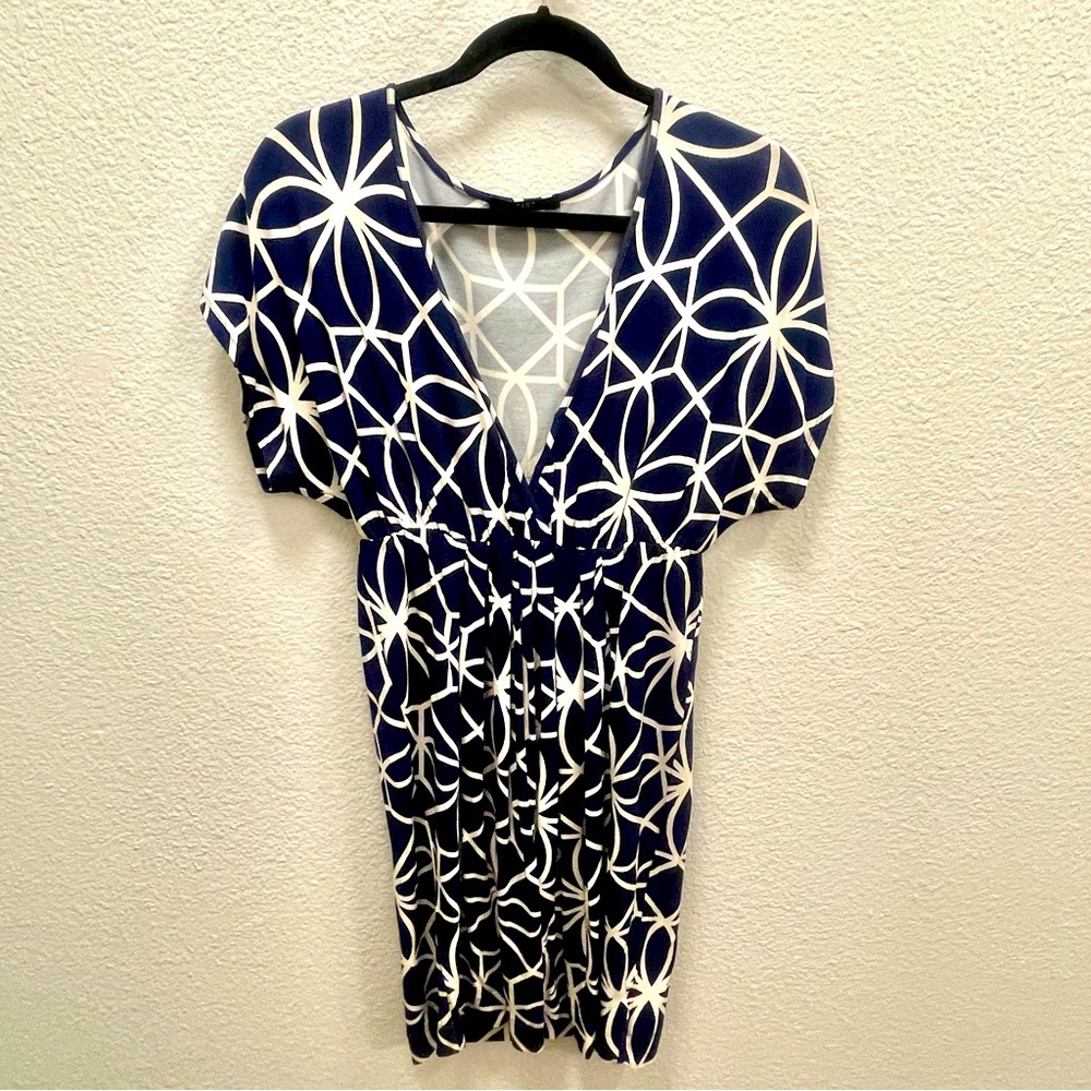 Tart Blue and White Geometric Patterned Plunging Neckline Dress